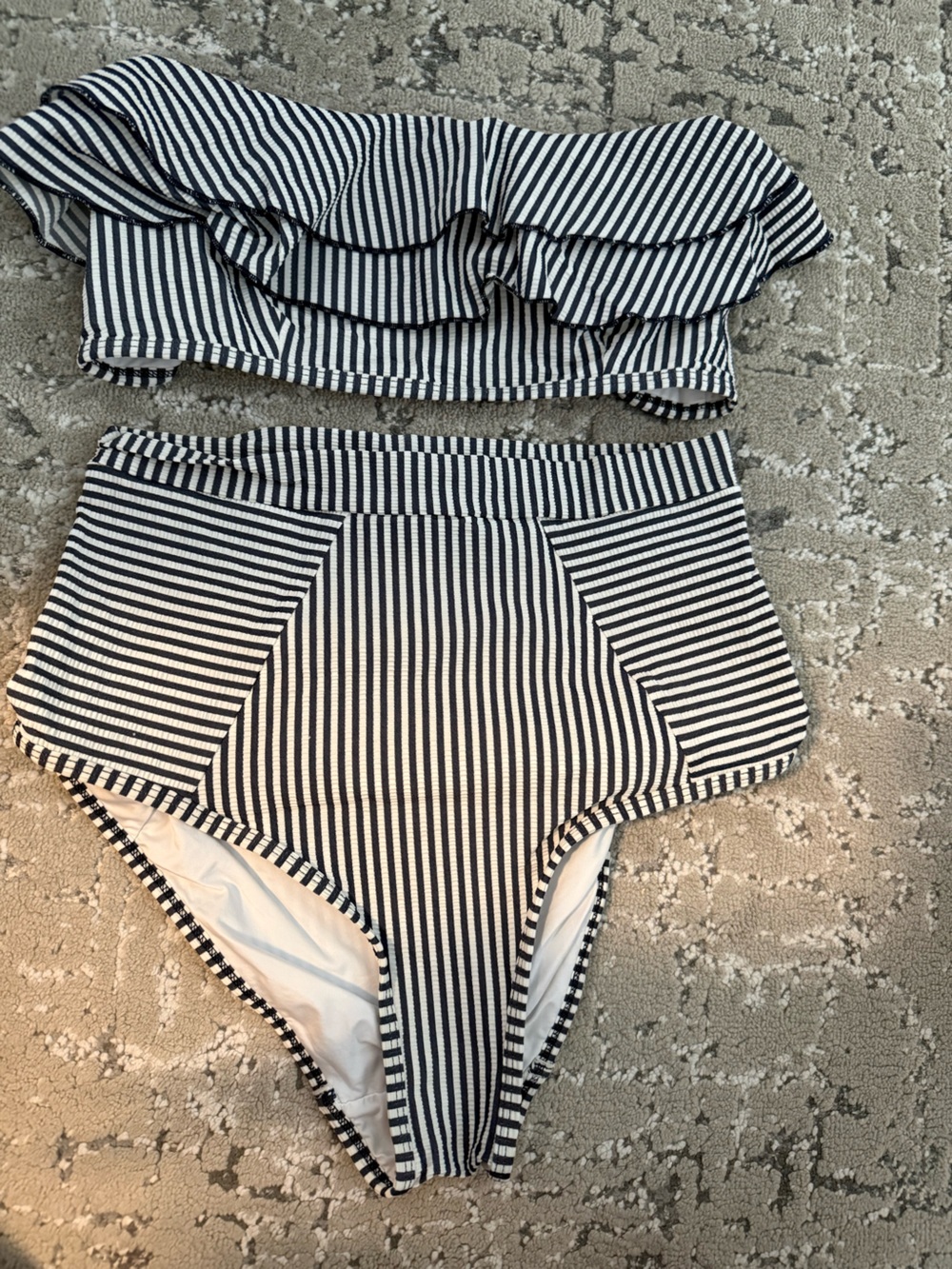 Striped Ruffle Bandeau Bikini Set - Navy & White